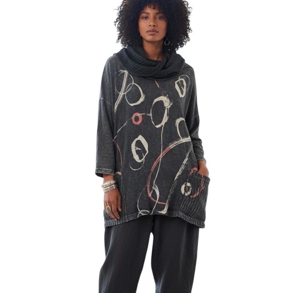 Jess‎ & Jane Ring Toss Tunic Top Sz 2X Artsy Cotton USA Grey Lagenlook